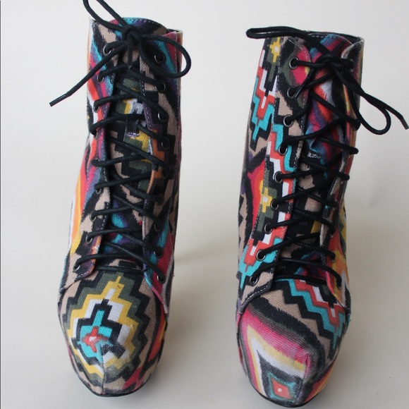 Multi Colored Print Tie Up Ankle Boot Heels - Picture 4 of 9